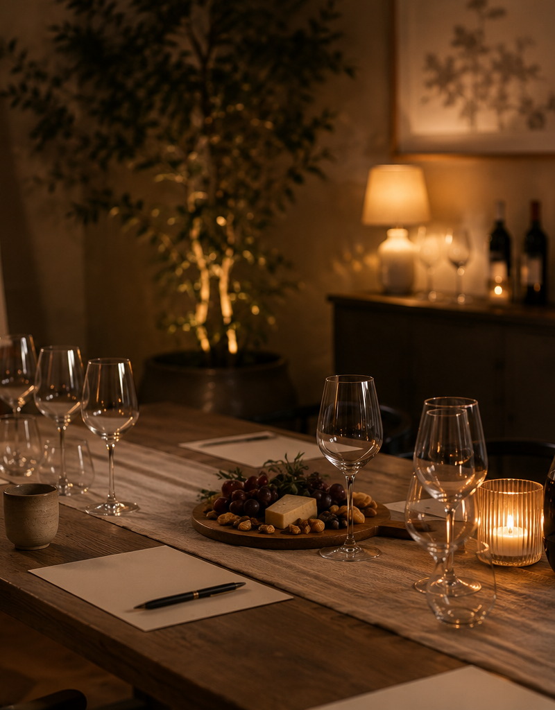 Mesa de taller preparada con copas de vino, velas y notas, ambiente íntimo y cálido